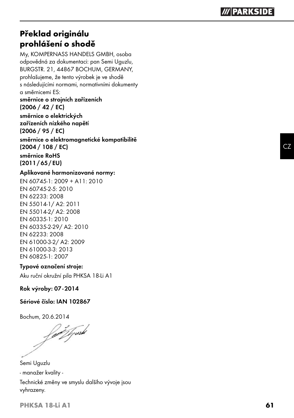Překlad originálu prohlášení o shodě | Parkside PHKSA 18-Li A1 User Manual | Page 64 / 94