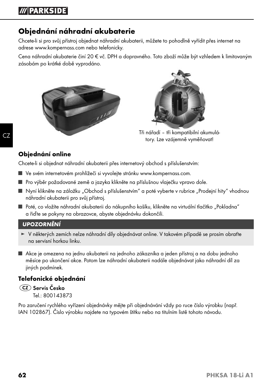 Objednání náhradní akubaterie | Parkside PHKSA 18-Li A1 User Manual | Page 65 / 94