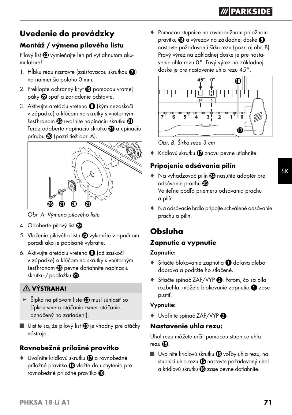 Uvedenie do prevádzky, Obsluha | Parkside PHKSA 18-Li A1 User Manual | Page 74 / 94