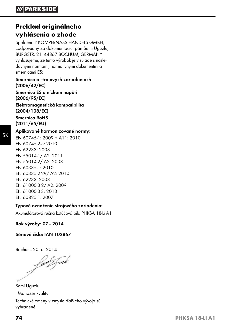 Preklad originálneho vyhlásenia o zhode | Parkside PHKSA 18-Li A1 User Manual | Page 77 / 94