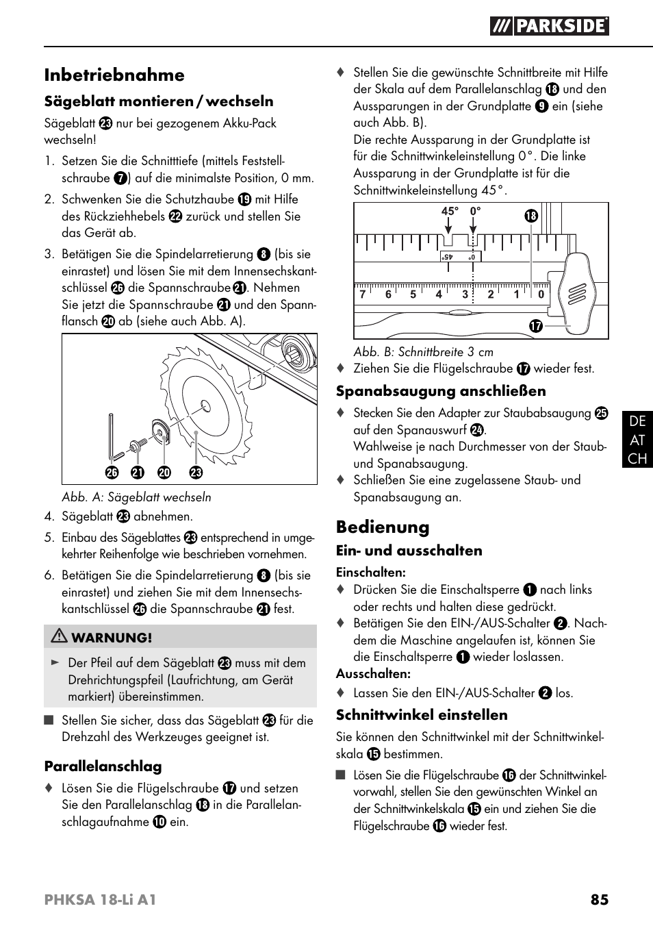 Inbetriebnahme, Bedienung | Parkside PHKSA 18-Li A1 User Manual | Page 88 / 94