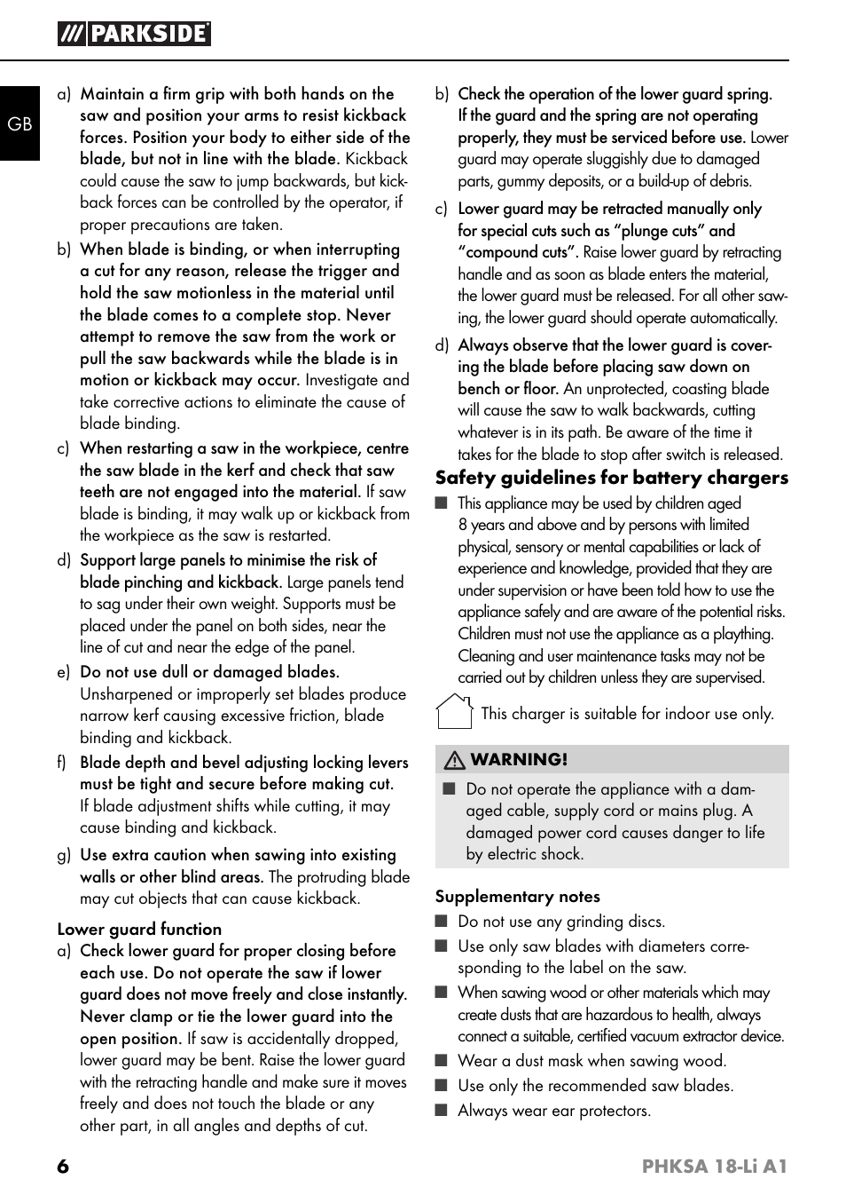 Parkside PHKSA 18-Li A1 User Manual | Page 9 / 94