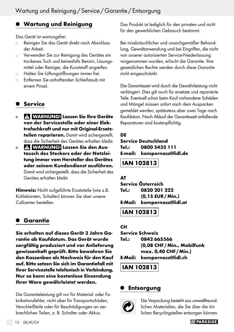 Wartung und reinigung, Service, Garantie | Entsorgung | Parkside PSFS 250 A1 User Manual | Page 12 / 43