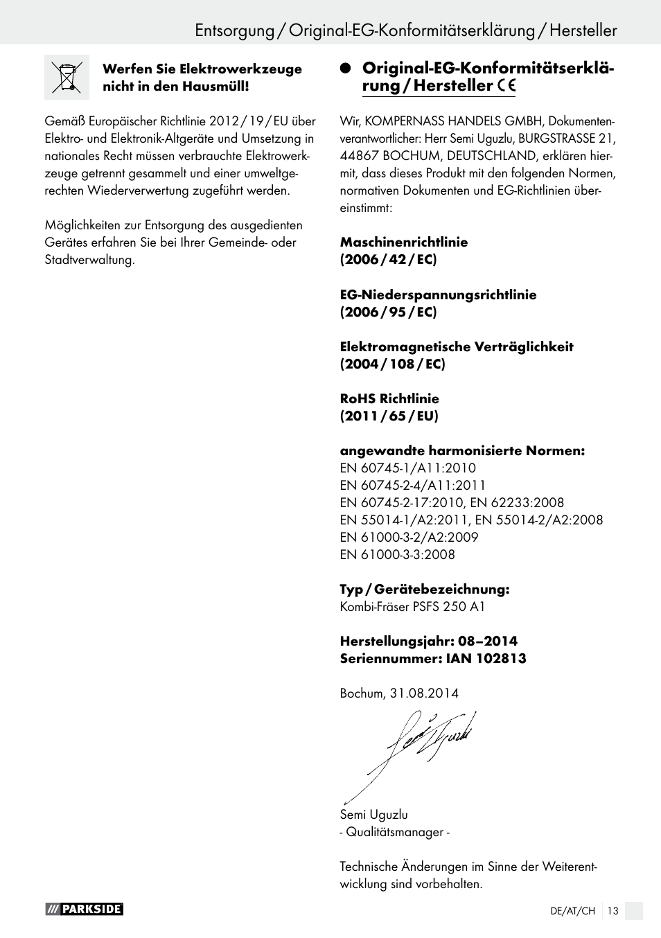 Original-eg-konformitätserklä- rung / hersteller | Parkside PSFS 250 A1 User Manual | Page 13 / 43