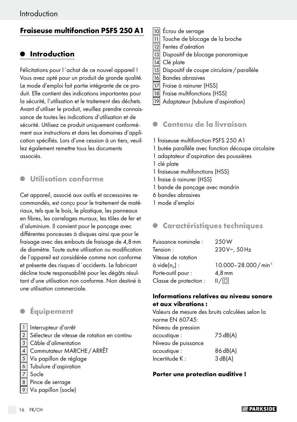 Introduction, Fraiseuse multifonction psfs 250 a1 introduction, Utilisation conforme | Équipement, Contenu de la livraison, Caractéristiques techniques | Parkside PSFS 250 A1 User Manual | Page 16 / 43