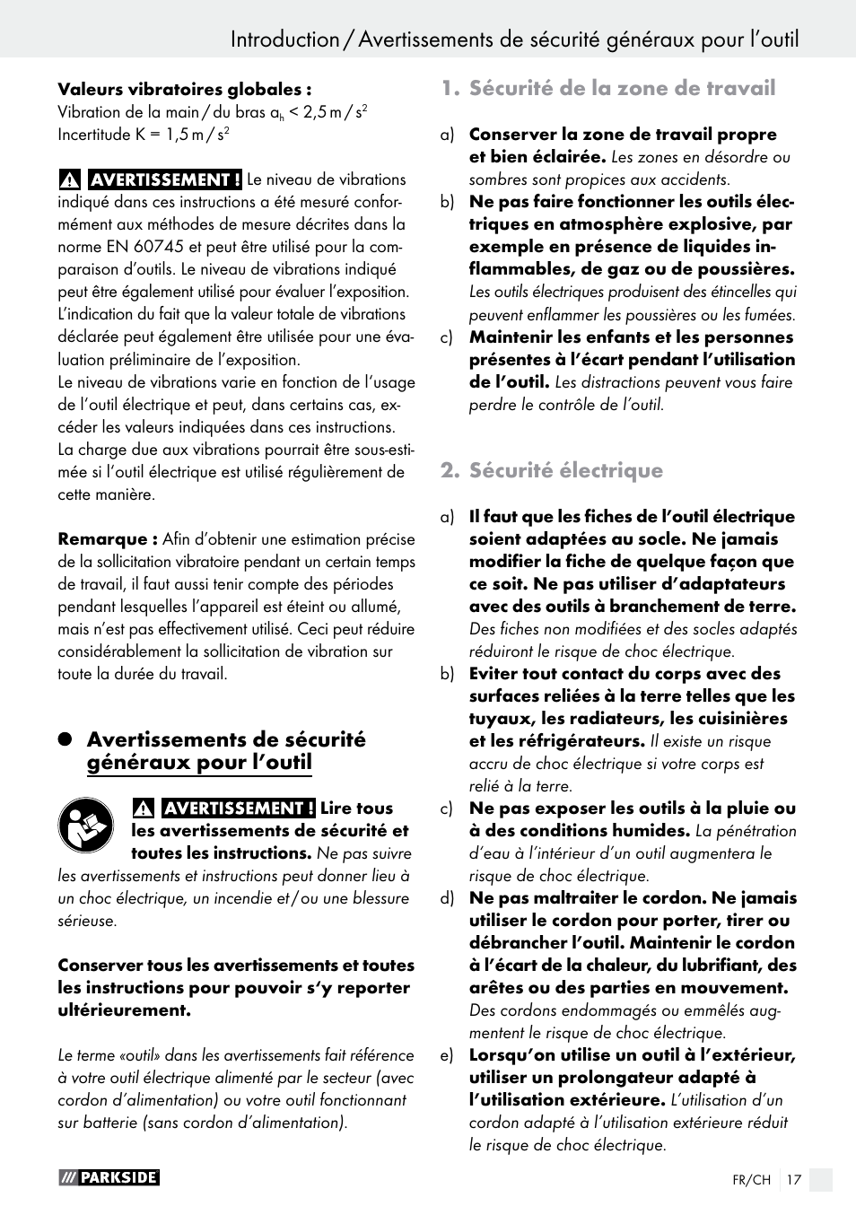 Avertissements de sécurité généraux pour l’outil, Sécurité de la zone de travail, Sécurité électrique | Parkside PSFS 250 A1 User Manual | Page 17 / 43