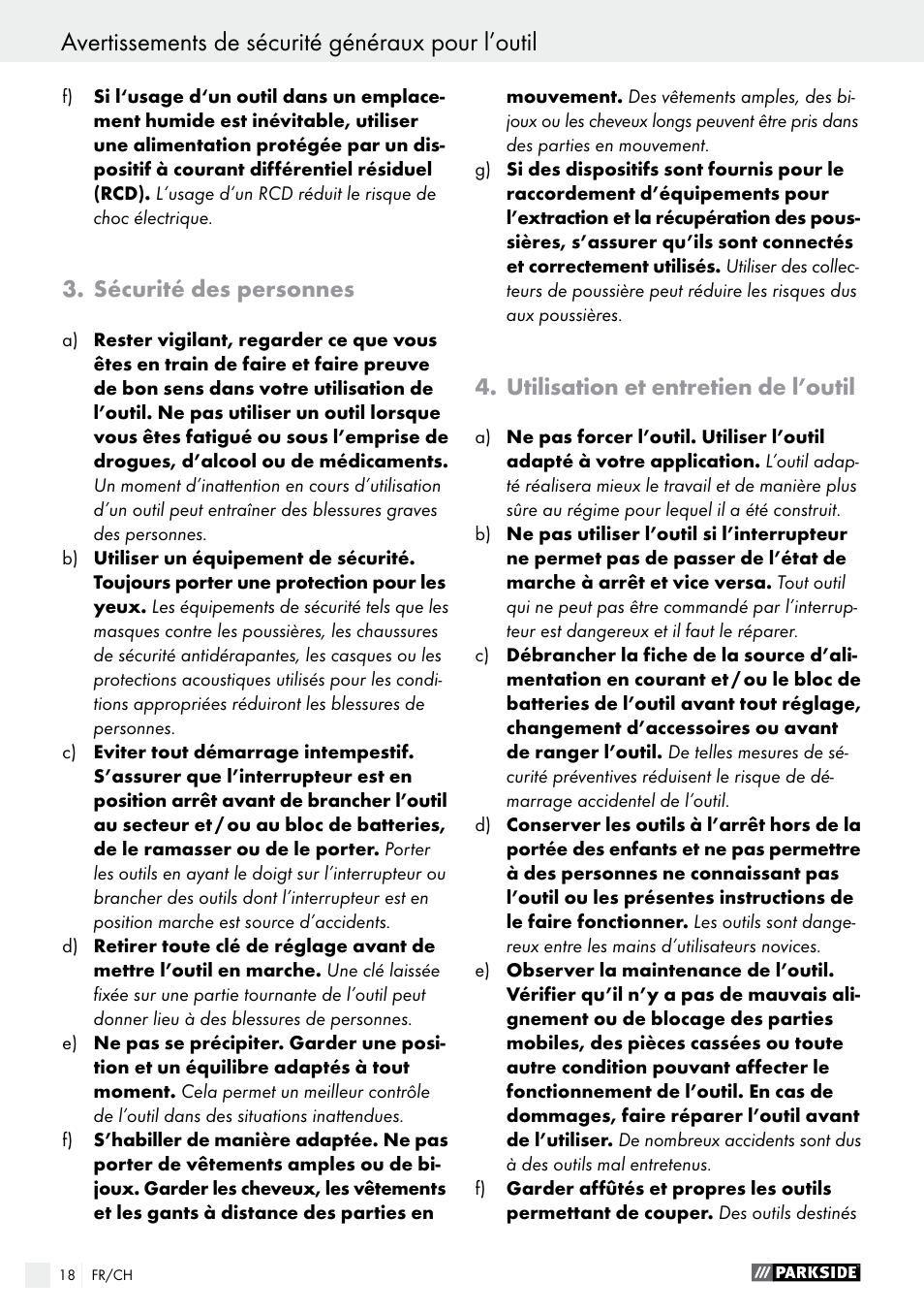 Avertissements de sécurité généraux pour l’outil, Sécurité des personnes, Utilisation et entretien de l’outil | Parkside PSFS 250 A1 User Manual | Page 18 / 43