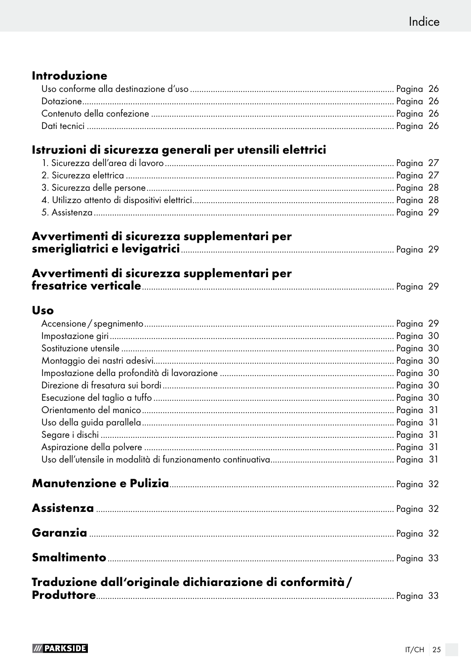 Indice | Parkside PSFS 250 A1 User Manual | Page 25 / 43