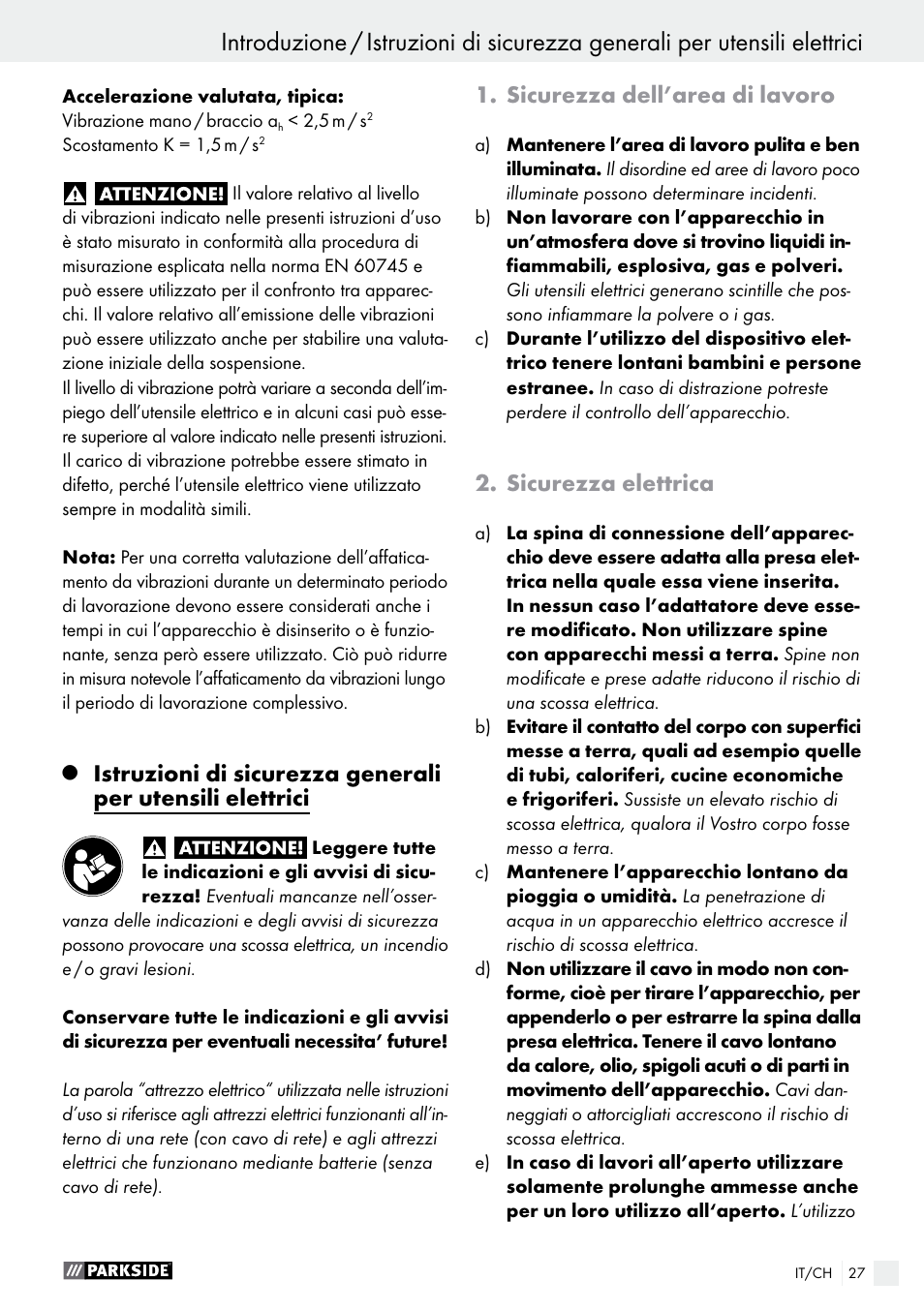Introduzione, Sicurezza dell’area di lavoro, Sicurezza elettrica | Parkside PSFS 250 A1 User Manual | Page 27 / 43