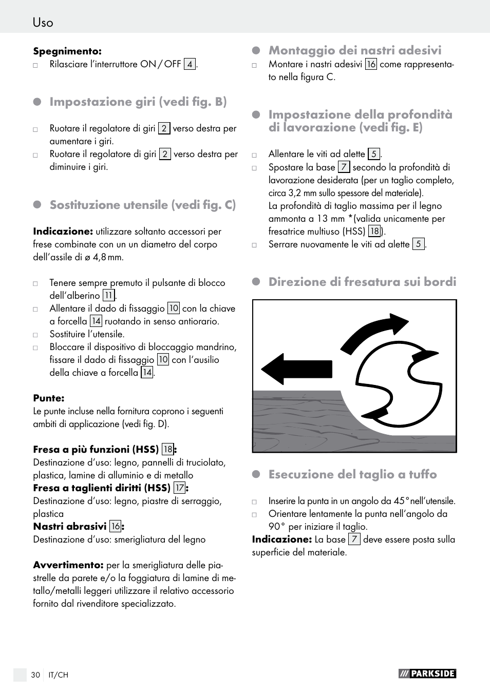 Impostazione giri (vedi fig. b), Sostituzione utensile (vedi fig. c), Montaggio dei nastri adesivi | Parkside PSFS 250 A1 User Manual | Page 30 / 43