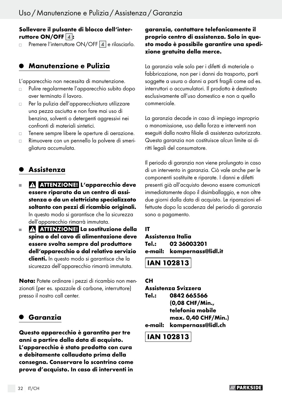 Manutenzione e pulizia, Assistenza, Garanzia | Parkside PSFS 250 A1 User Manual | Page 32 / 43