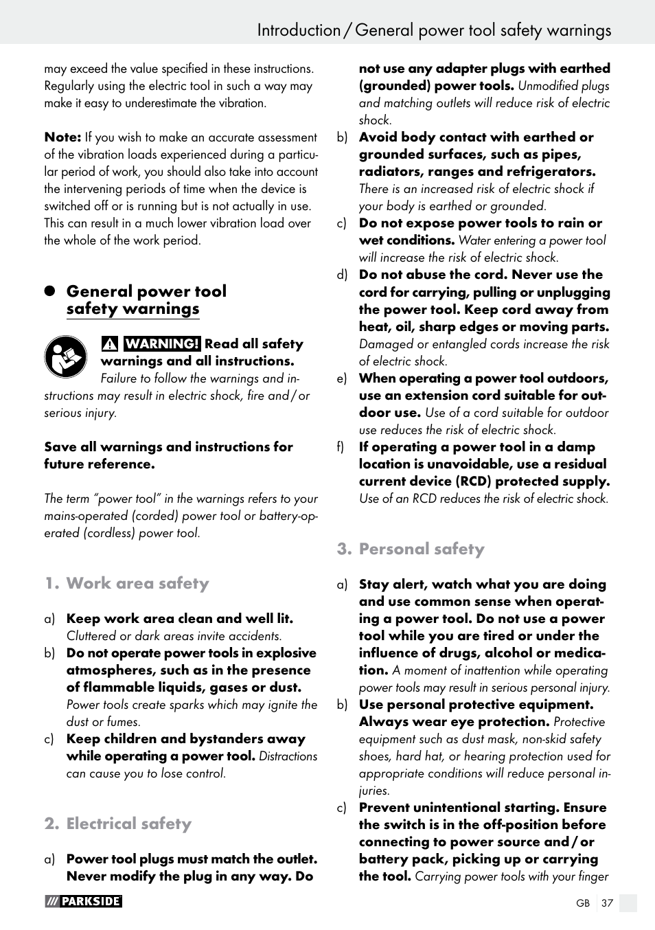 General power tool safety warnings, Work area safety, Electrical safety | Personal safety | Parkside PSFS 250 A1 User Manual | Page 37 / 43