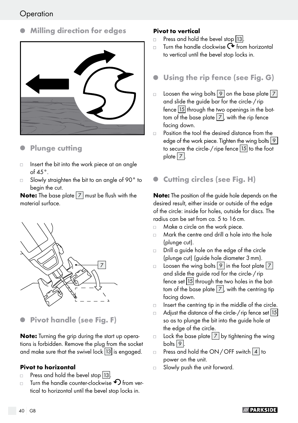 Milling direction for edges plunge cutting, Pivot handle (see fig. f), Using the rip fence (see fig. g) | Cutting circles (see fig. h) | Parkside PSFS 250 A1 User Manual | Page 40 / 43