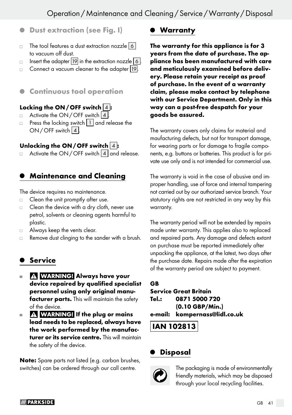 Dust extraction (see fig. i), Continuous tool operation, Maintenance and cleaning | Service, Warranty, Disposal | Parkside PSFS 250 A1 User Manual | Page 41 / 43