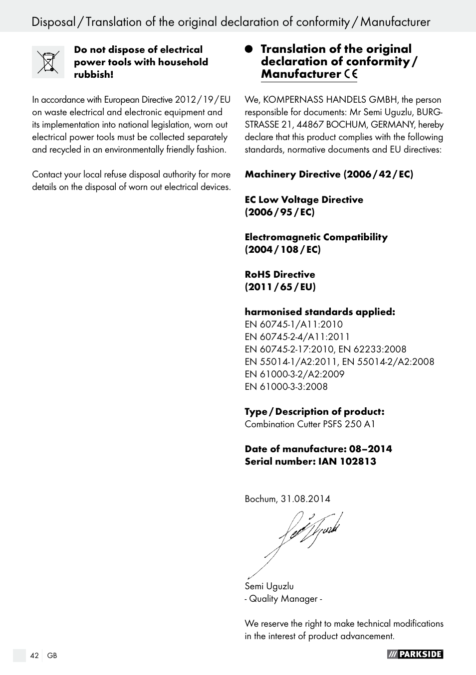 Parkside PSFS 250 A1 User Manual | Page 42 / 43