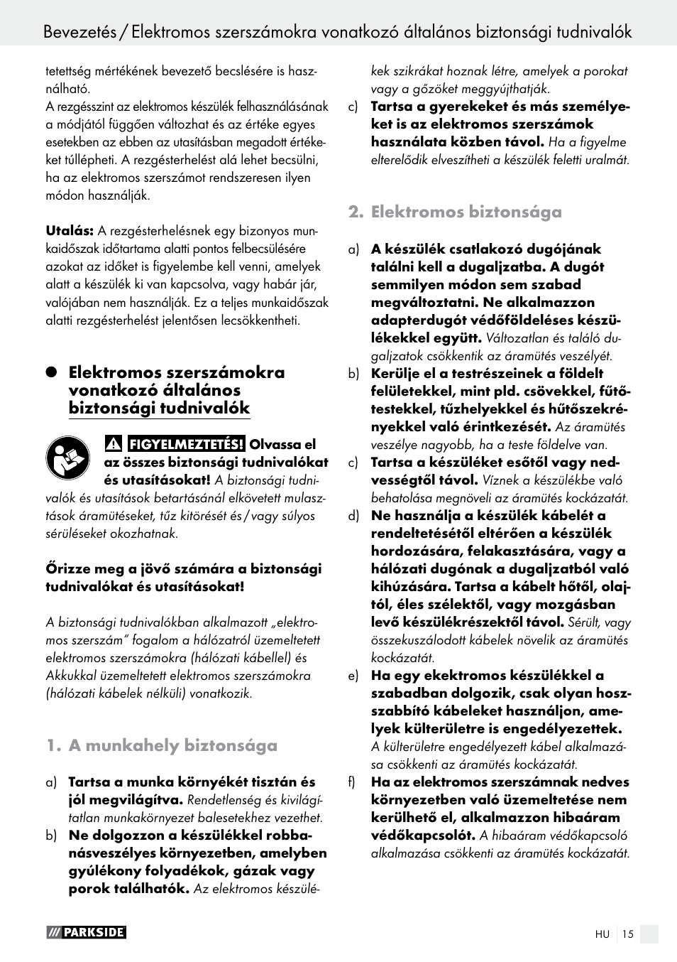 A munkahely biztonsága, Elektromos biztonsága | Parkside PSFS 250 A1 User Manual | Page 15 / 50