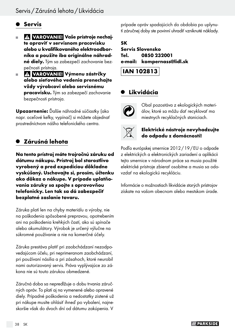 Servis, Záruśná lehota, Likvidácia | Parkside PSFS 250 A1 User Manual | Page 38 / 50