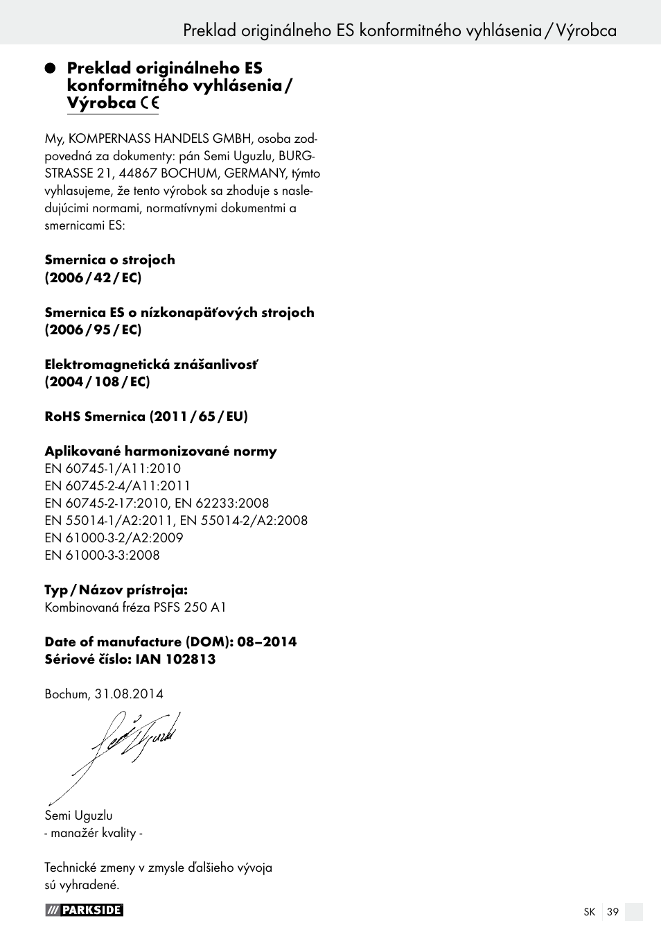 Servis / záruśná lehota / likvidácia | Parkside PSFS 250 A1 User Manual | Page 39 / 50