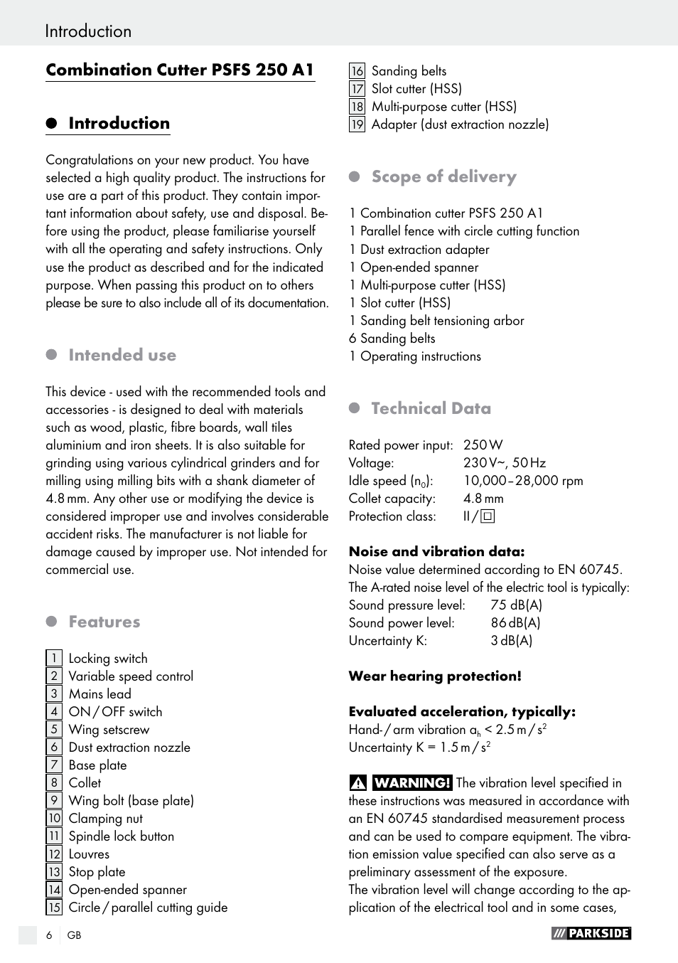 Combination cutter psfs 250 a1 introduction, Intended use, Features | Scope of delivery, Technical data | Parkside PSFS 250 A1 User Manual | Page 6 / 50
