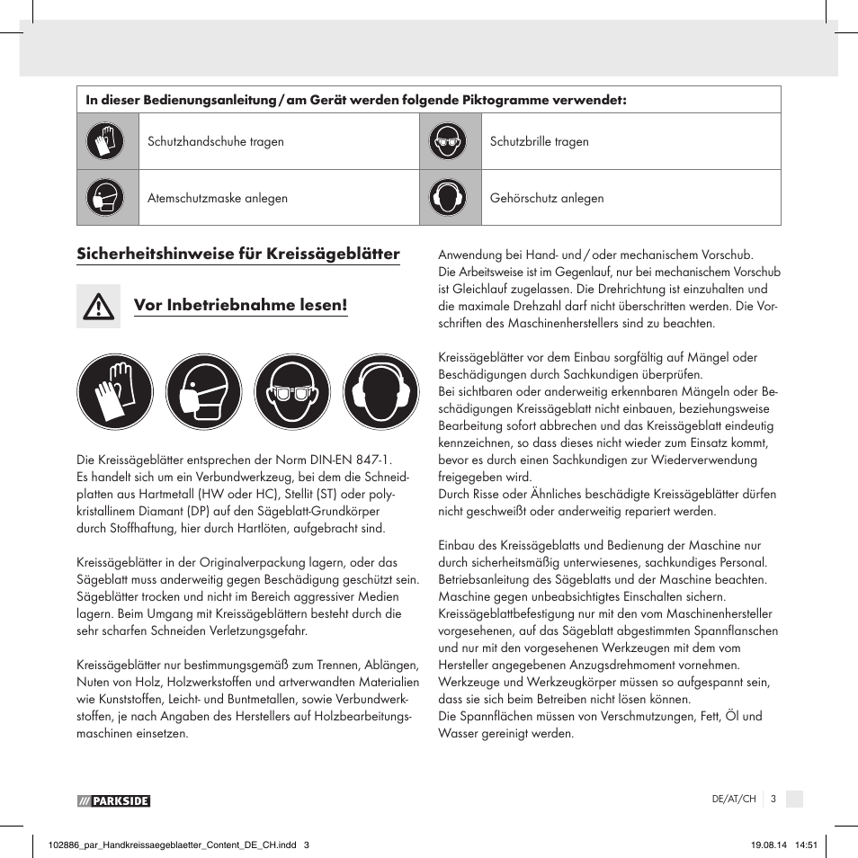 Parkside CIRCULAR SAW BLADE User Manual | 8 pages