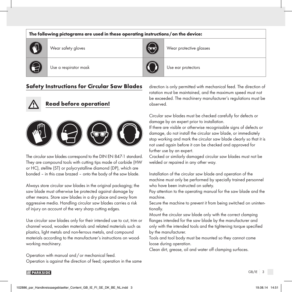 Parkside CIRCULAR SAW BLADE User Manual | 14 pages