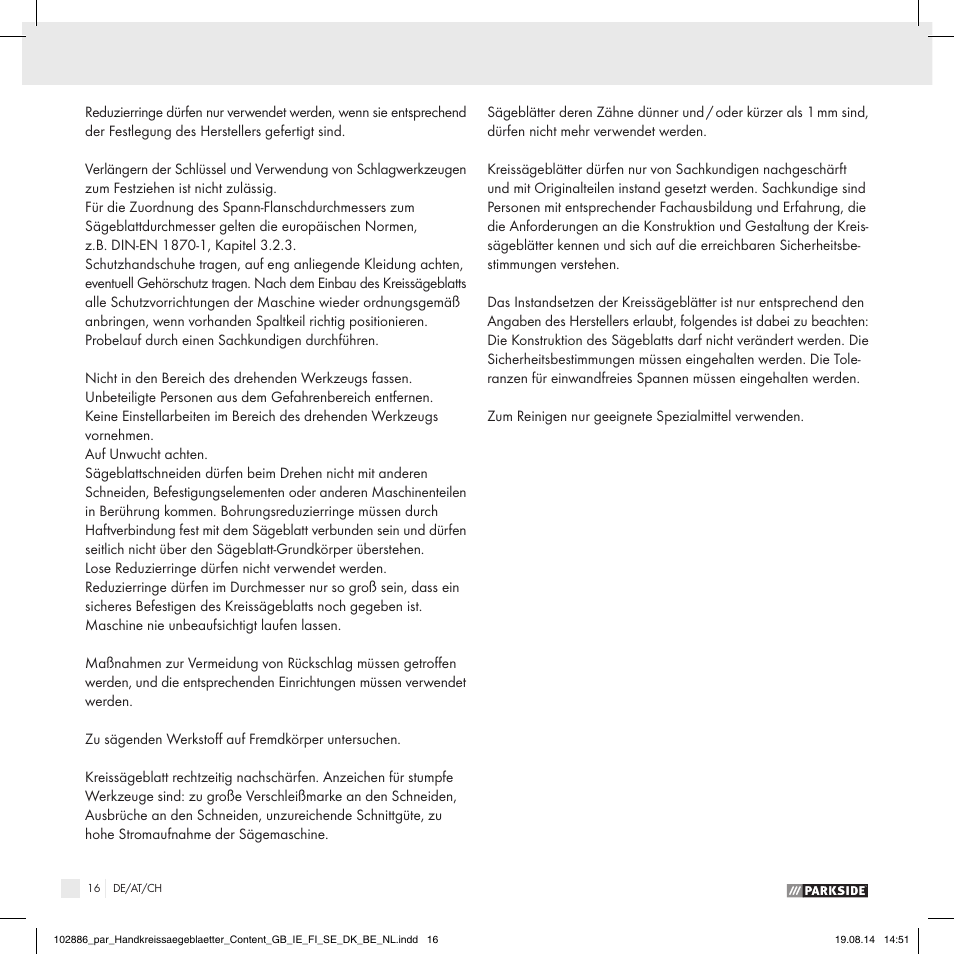 Parkside CIRCULAR SAW BLADE User Manual | Page 14 / 14