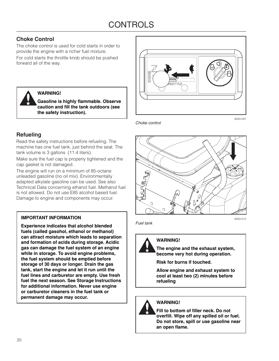 Choke control, Refueling, Controls | Dixon SpeedZTR 966494901 User Manual | Page 20 / 56