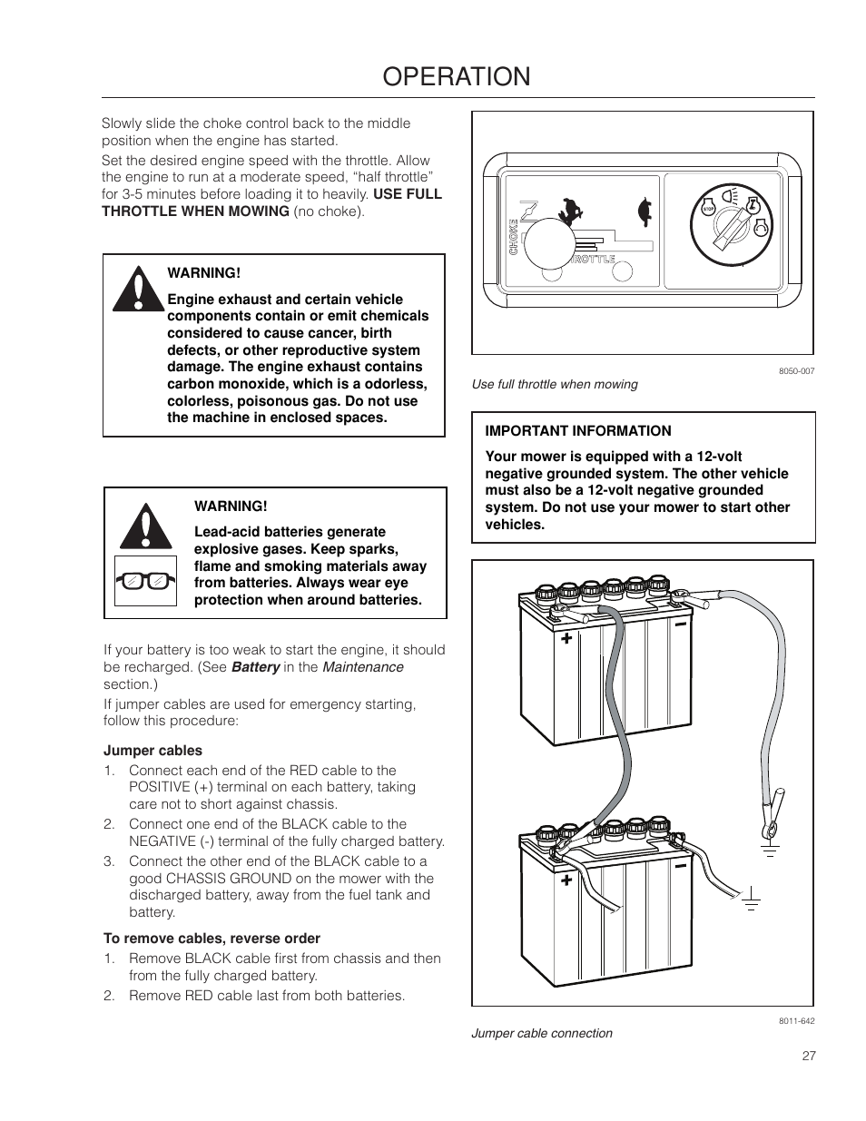 Jumper cables, Operation | Dixon SpeedZTR 966494901 User Manual | Page 27 / 56