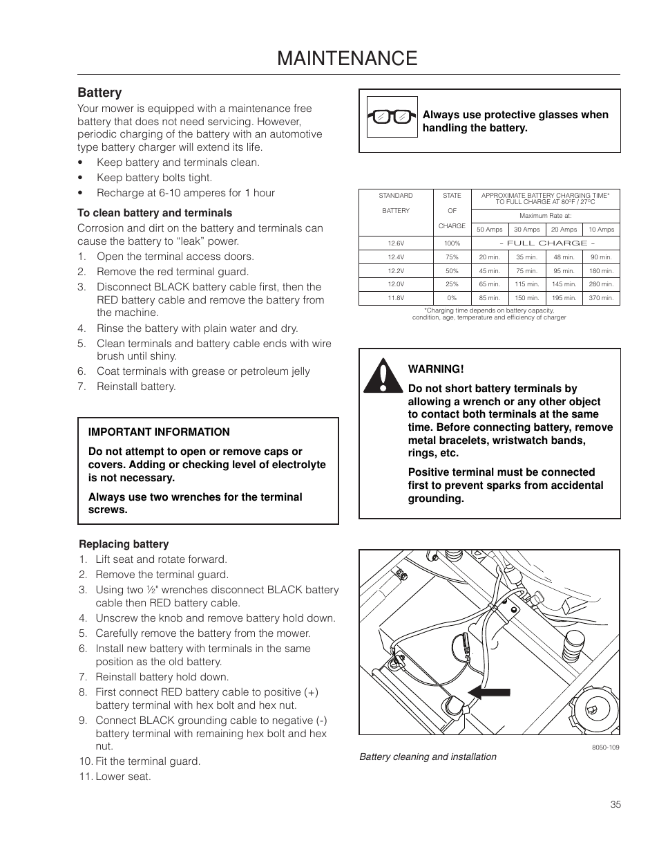 Battery, Maintenance | Dixon SpeedZTR 966494901 User Manual | Page 35 / 56