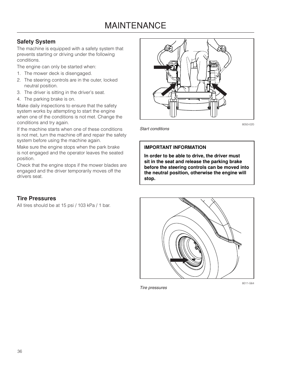 Safety system, Tire pressures, Maintenance | Dixon SpeedZTR 966494901 User Manual | Page 36 / 56