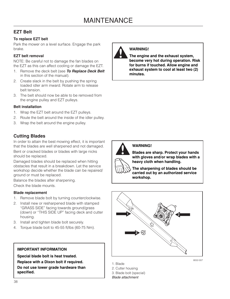 Ezt belt, Cutting blades, Blade replacement | Maintenance | Dixon SpeedZTR 966494901 User Manual | Page 38 / 56