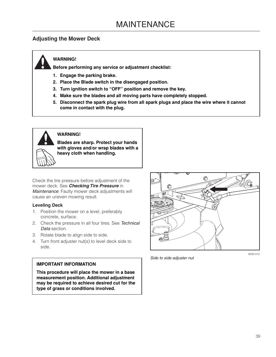 Adjusting the mower deck, Leveling deck, Maintenance | Dixon SpeedZTR 966494901 User Manual | Page 39 / 56