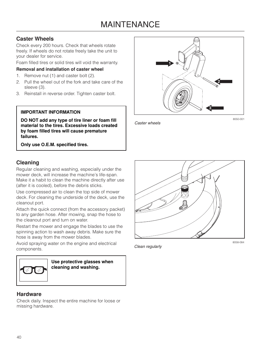 Caster wheels, Cleaning, Hardware | Maintenance | Dixon SpeedZTR 966494901 User Manual | Page 40 / 56