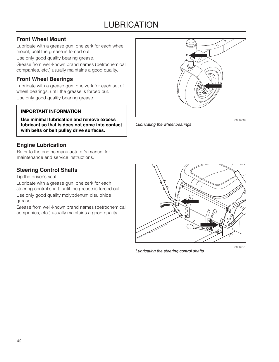 Front wheel mount, Front wheel bearings, Engine lubrication | Steering control shafts, Lubrication | Dixon SpeedZTR 966494901 User Manual | Page 42 / 56