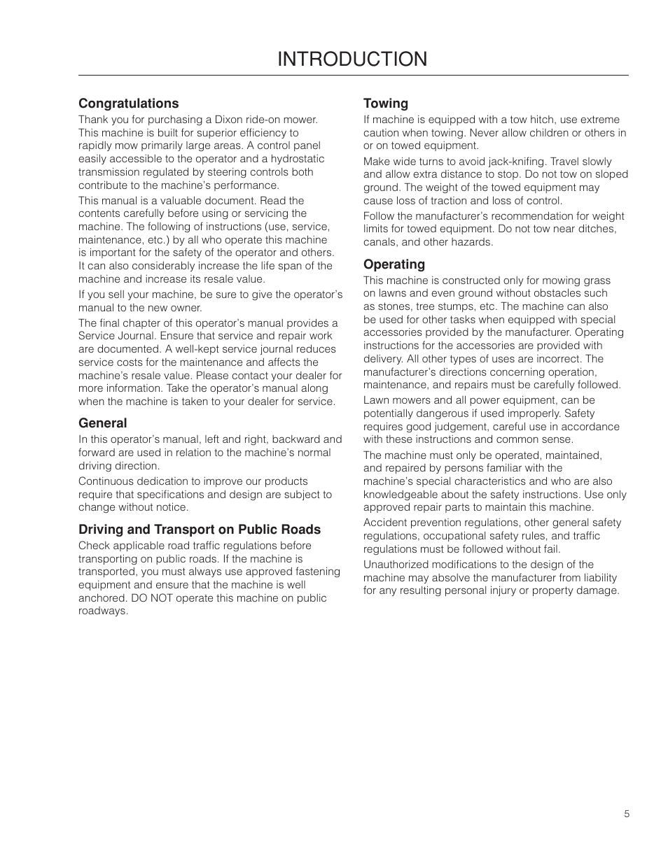 Introduction, General, Driving and transport on public roads | Towing, Operating | Dixon SpeedZTR 966494901 User Manual | Page 5 / 56