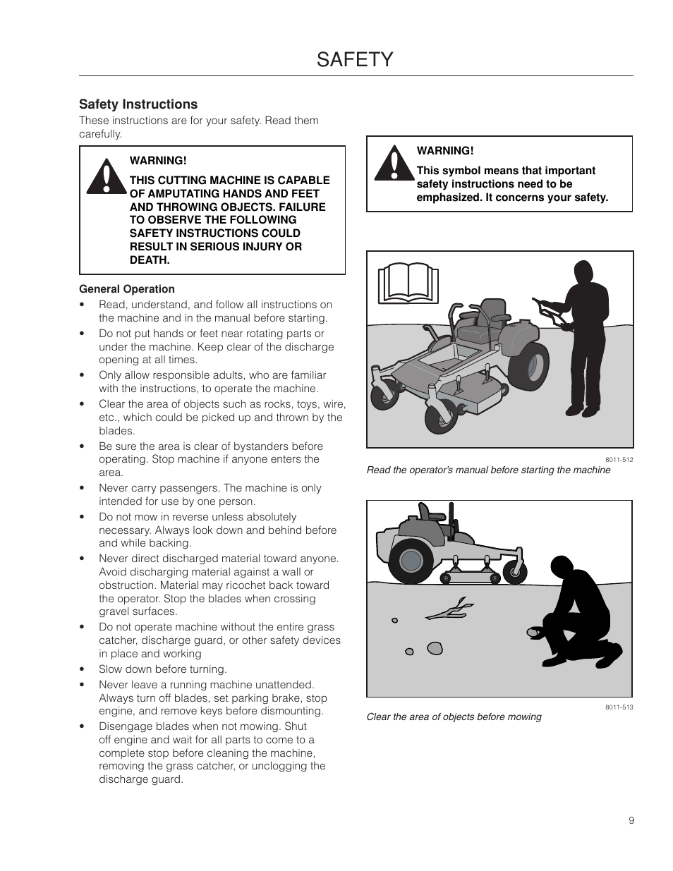 Safety, Safety instructions | Dixon SpeedZTR 966494901 User Manual | Page 9 / 56
