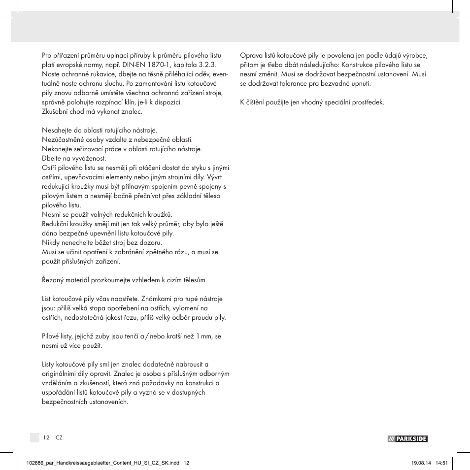 Parkside CIRCULAR SAW BLADE User Manual | Page 10 / 14