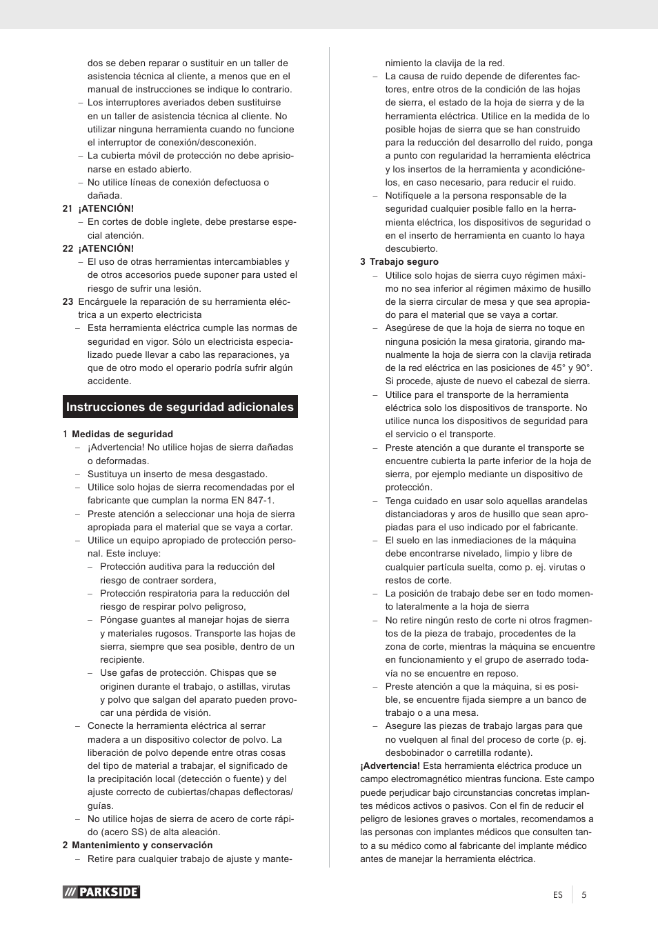 Instrucciones de seguridad adicionales | Parkside PKS 1500 A1 User Manual | Page 10 / 64