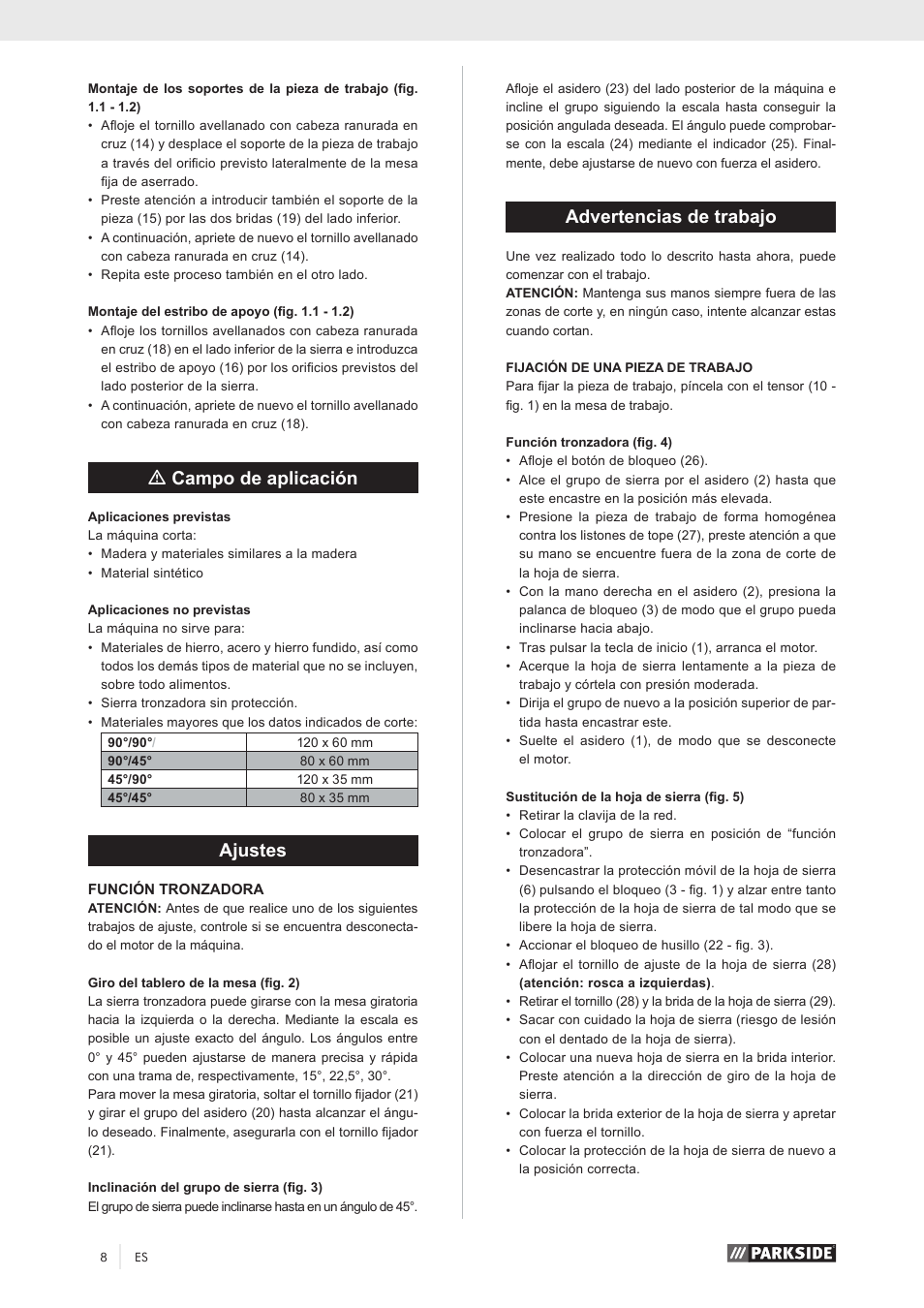 Mcampo de aplicación, Ajustes, Advertencias de trabajo | Parkside PKS 1500 A1 User Manual | Page 13 / 64