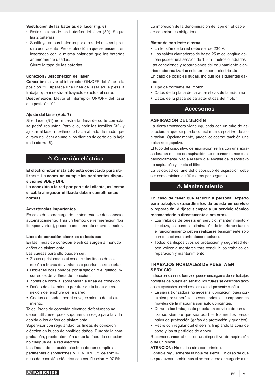 Mconexión eléctrica, Accesorios, Mmantenimiento | Parkside PKS 1500 A1 User Manual | Page 14 / 64