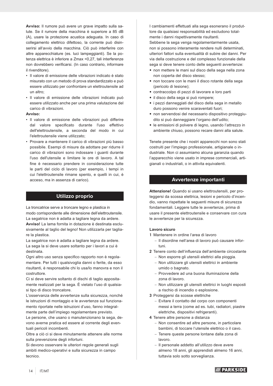 Utilizzo proprio, Avvertenze importanti | Parkside PKS 1500 A1 User Manual | Page 19 / 64