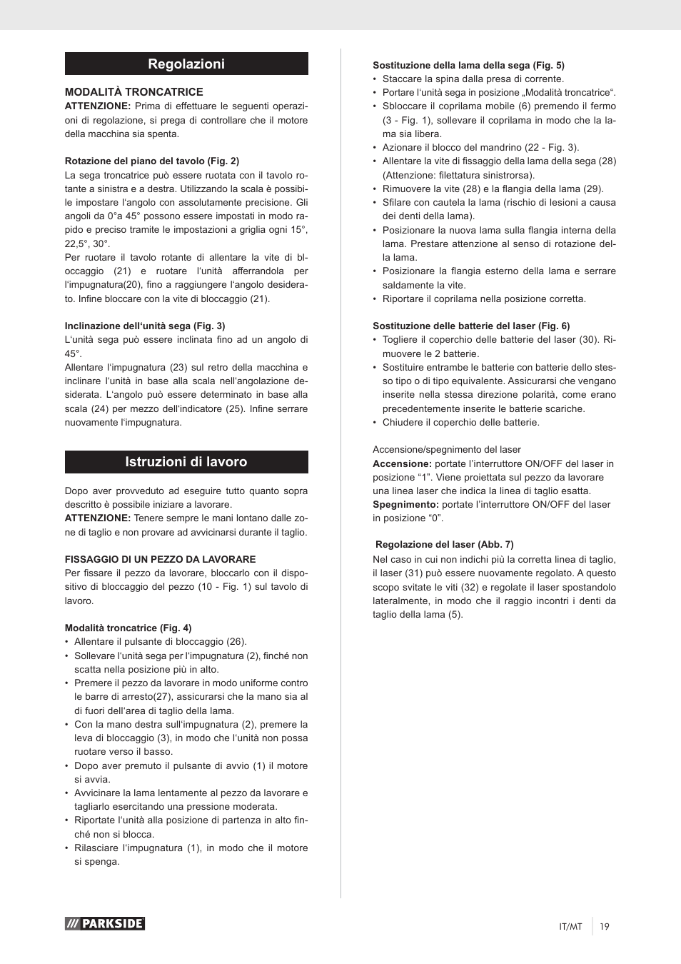 Regolazioni, Istruzioni di lavoro | Parkside PKS 1500 A1 User Manual | Page 24 / 64