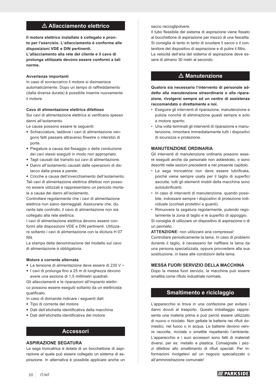 Mallacciamento elettrico, Accessori, Mmanutenzione | Smaltimento e riciclaggio | Parkside PKS 1500 A1 User Manual | Page 25 / 64