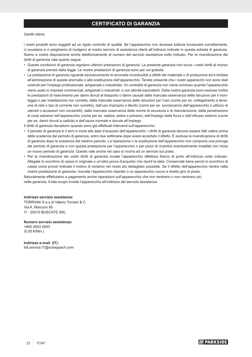 Certificato di garanzia | Parkside PKS 1500 A1 User Manual | Page 27 / 64