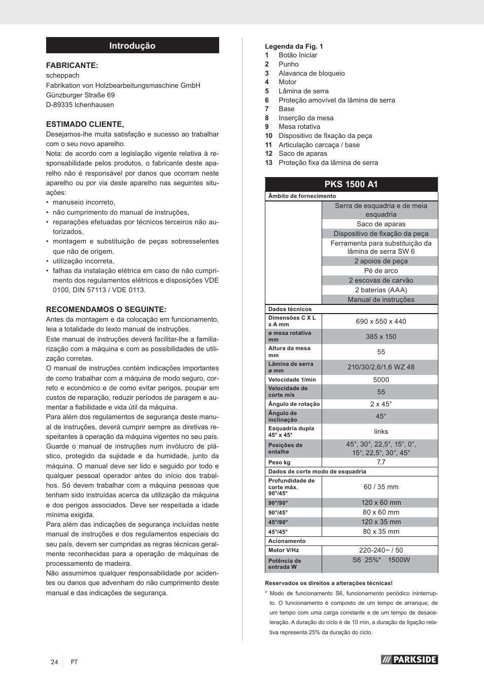 Introdução | Parkside PKS 1500 A1 User Manual | Page 29 / 64