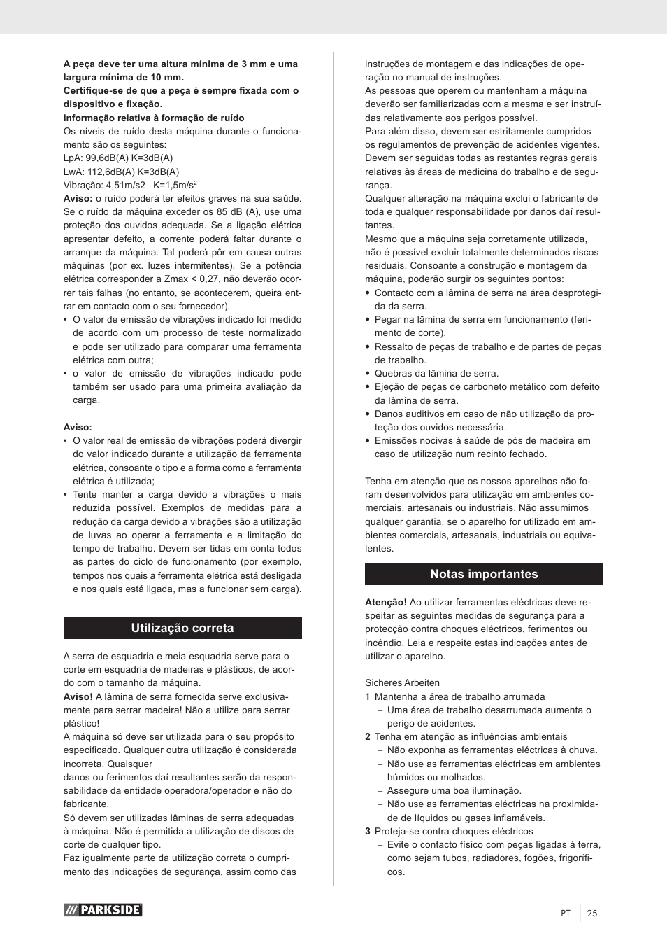 Utilização correta, Notas importantes | Parkside PKS 1500 A1 User Manual | Page 30 / 64
