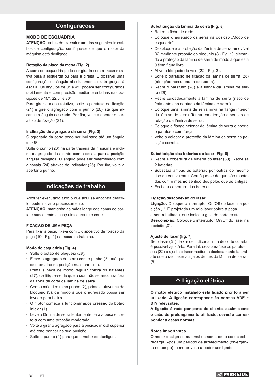 Configurações, Indicações de trabalho, Mligação elétrica | Parkside PKS 1500 A1 User Manual | Page 35 / 64