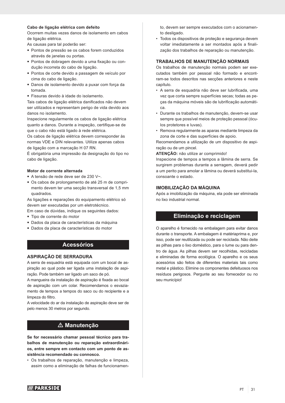 Acessórios, Mmanutenção, Eliminação e reciclagem | Parkside PKS 1500 A1 User Manual | Page 36 / 64