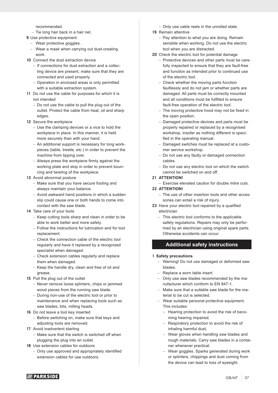Additional safety instructions | Parkside PKS 1500 A1 User Manual | Page 42 / 64