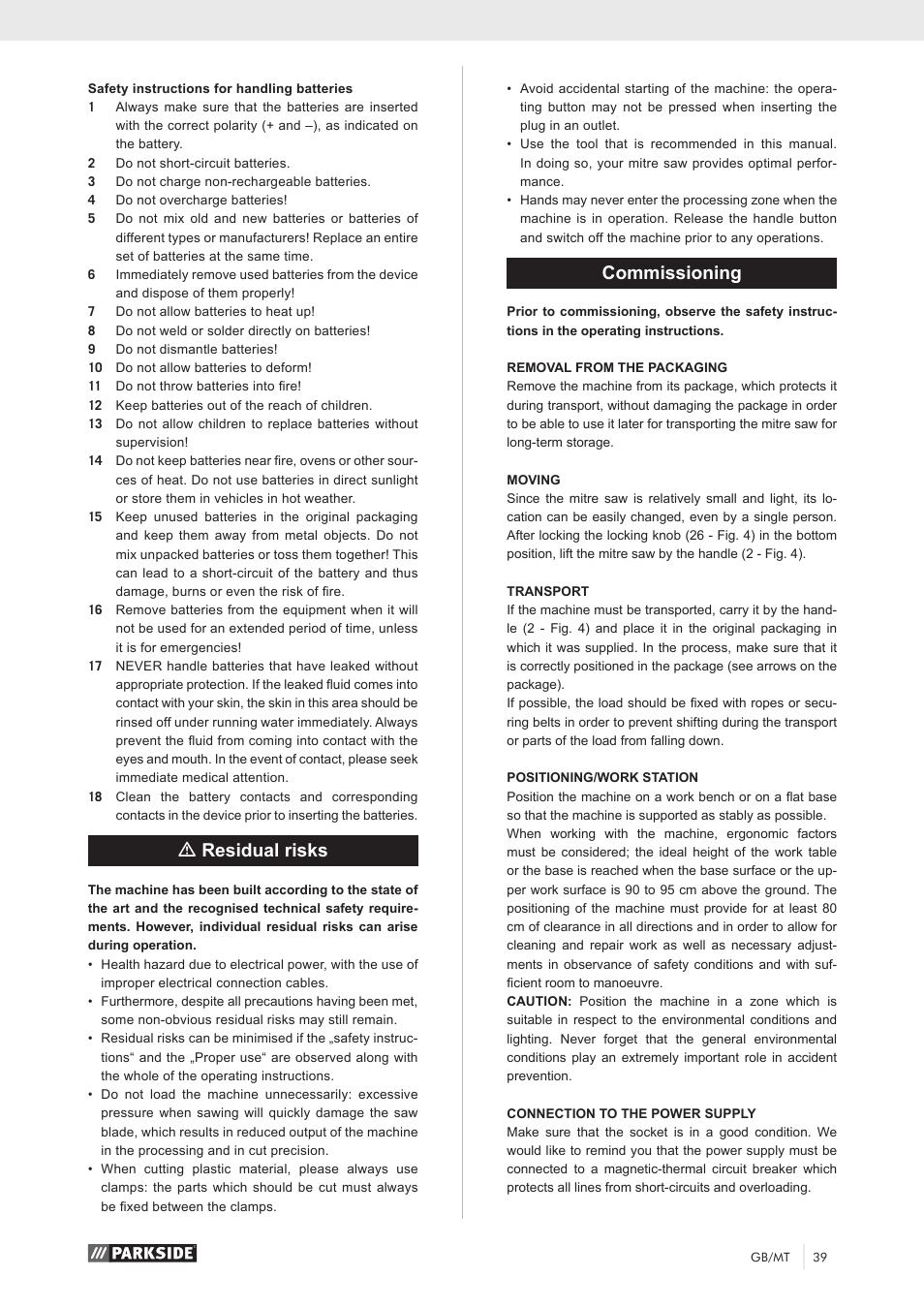 Mresidual risks, Commissioning | Parkside PKS 1500 A1 User Manual | Page 44 / 64